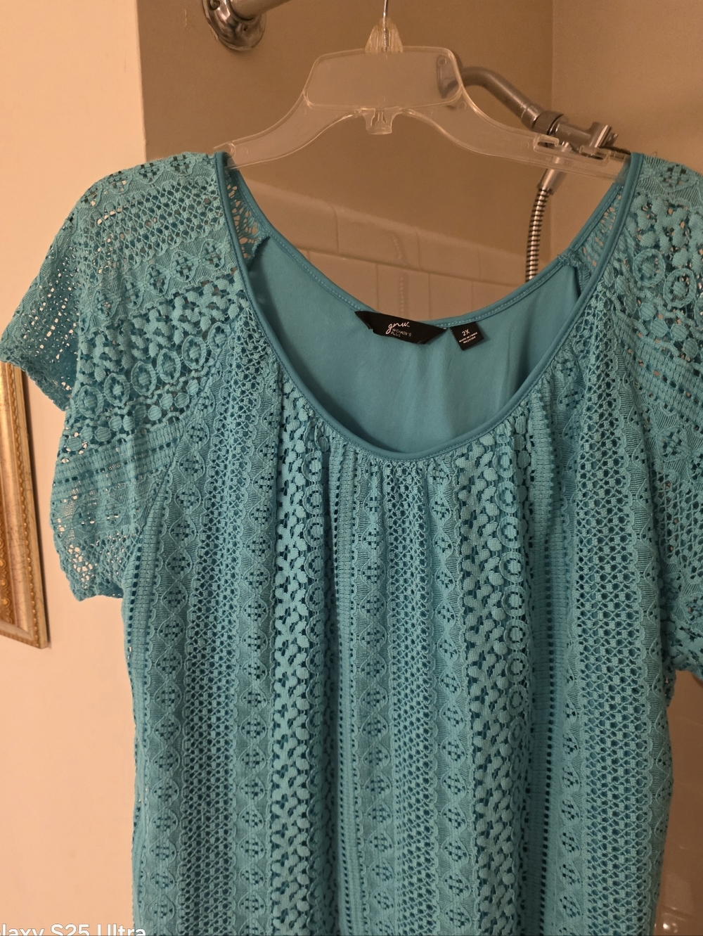 jcpenney Aqua Crochet Lace Short Sleeve Scoop Neck Blouse